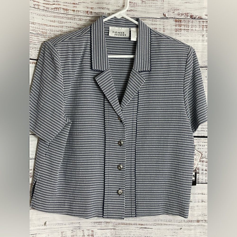 ‎Vintage Halmode Top Womens 12 Petite gingham short sleeve light button up shirt